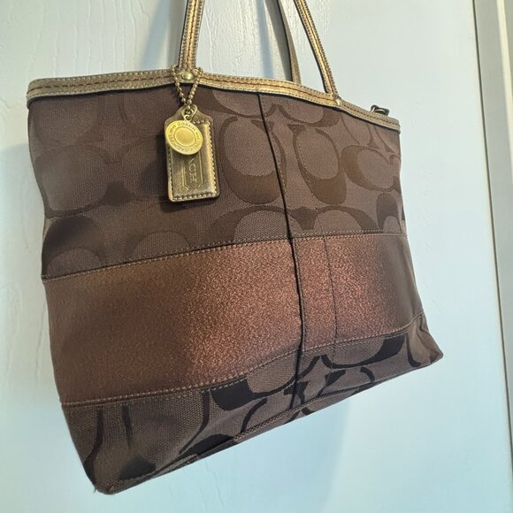 Coach Metallic Signature Patchwork Tote Bag — Bronze / Gold Trim — Style F13548 - Picture 1 of 15